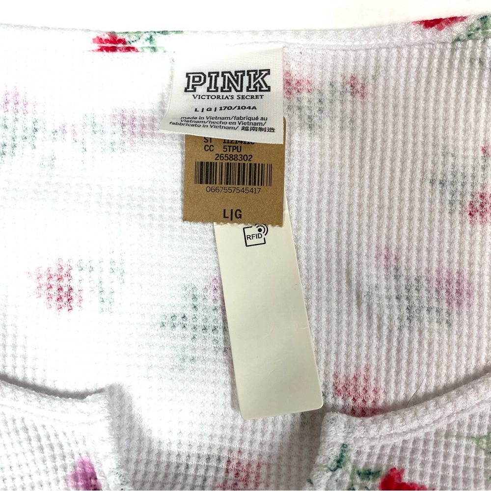 Victoria’s Secret PINK White Floral Shrunken Long Sleeve Notch Neck Thermal LRG - Picture 7 of 8